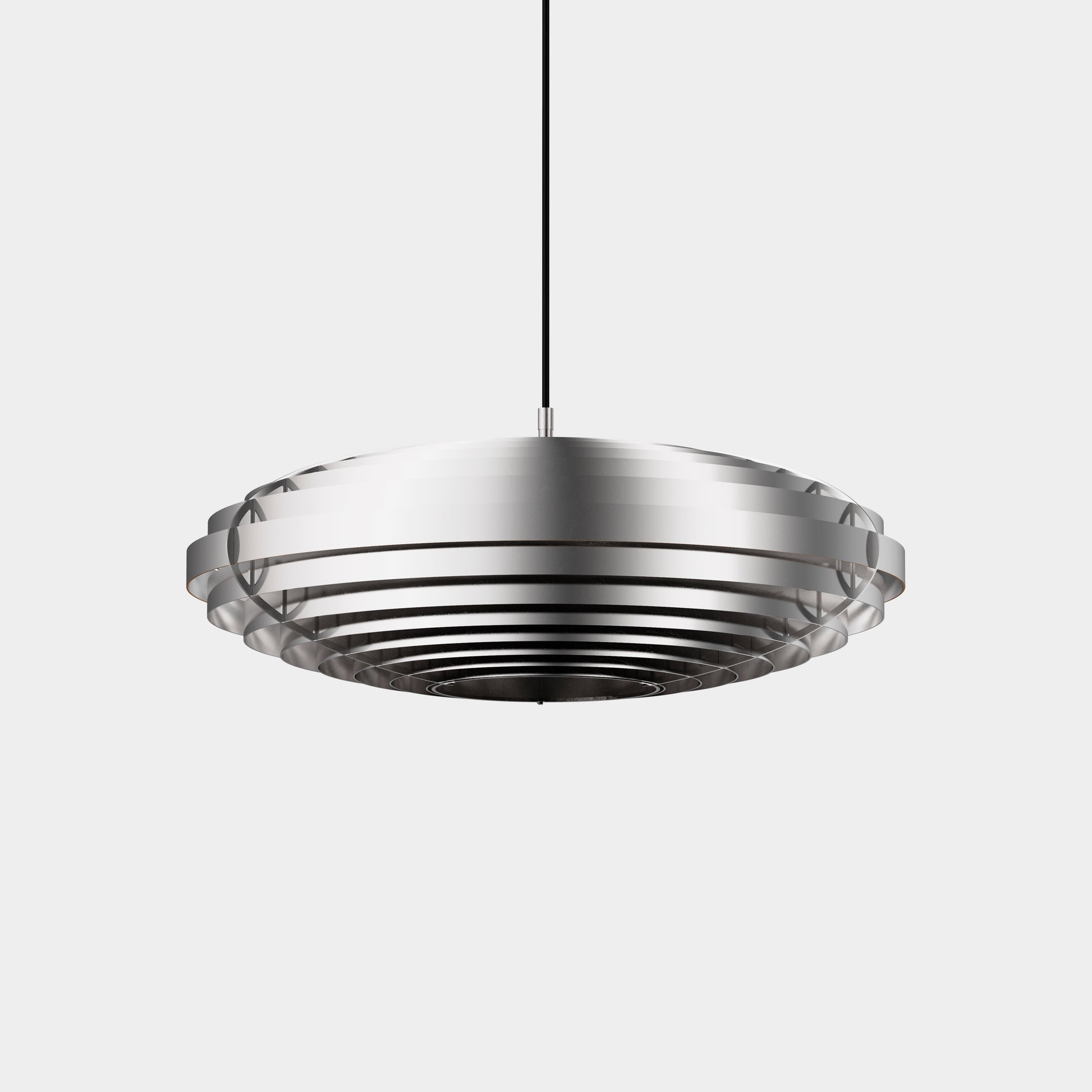 ellipse form, pendant light, raw stainless steel, viewed from below