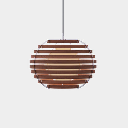 Moon lamp, walnut , Ash , pendant light, wood lamp, stainless frame, front view, ignited