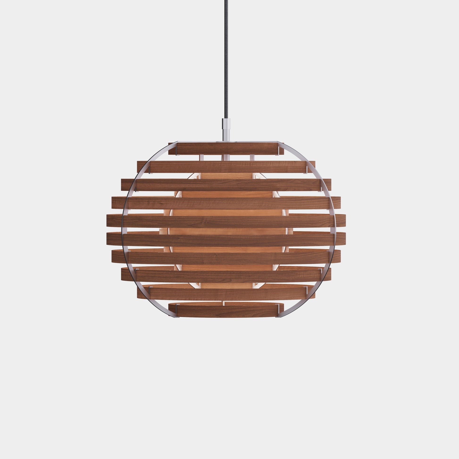 Moon lamp, walnut, pendant light, wood lamp, stainless  frame, front view, ignited