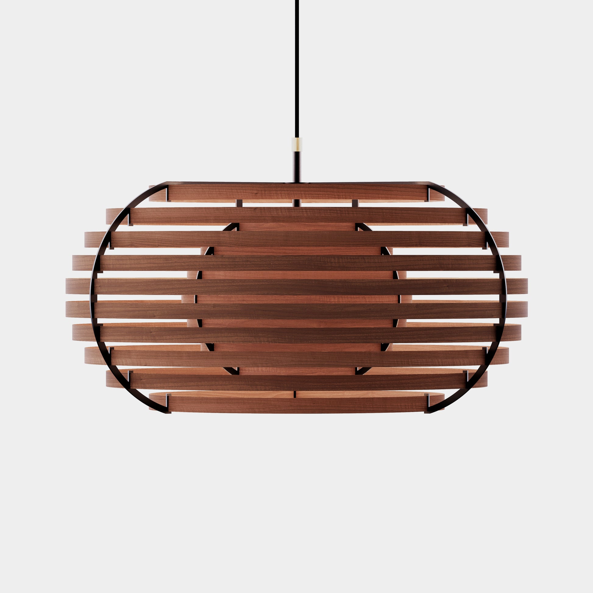 Moon lamp, walnut , pendant light, wood lamp, black frame, front view, ignited